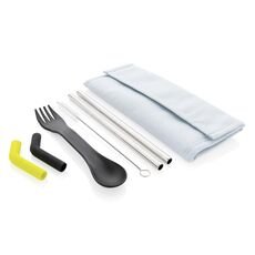 Tierra 2pcs straw and cutlery set in pouch, blue