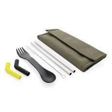 Tierra 2pcs straw and cutlery set in pouch, green