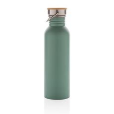 Modern stainless steel bottle with bamboo lid, green