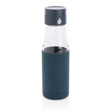 Ukiyo glass hydration tracking bottle with sleeve, blue