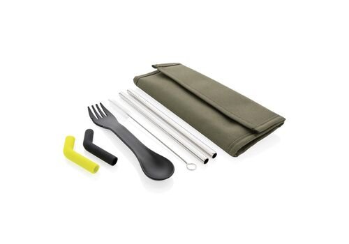 Tierra 2pcs straw and cutlery set in pouch, green