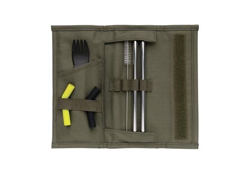 Tierra 2pcs straw and cutlery set in pouch, green