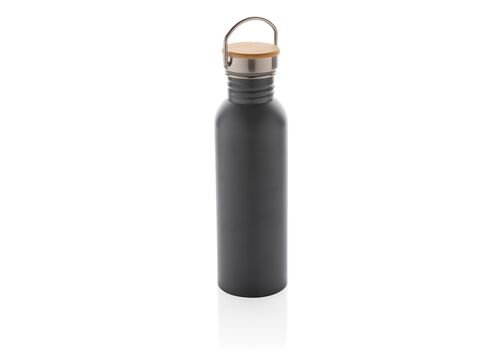 Modern stainless steel bottle with bamboo lid, grey