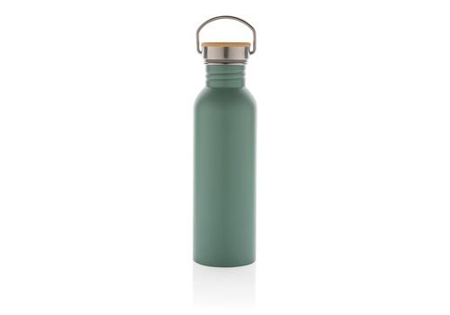 Modern stainless steel bottle with bamboo lid, green