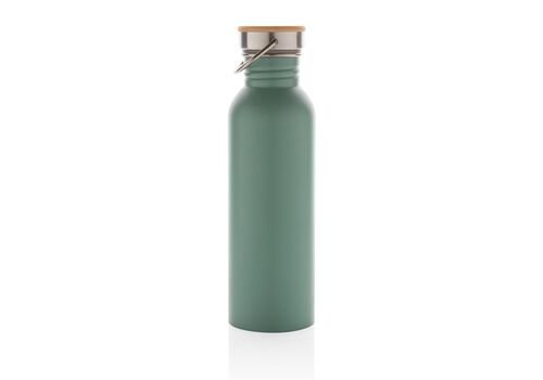 Modern stainless steel bottle with bamboo lid, green