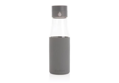 Ukiyo glass hydration tracking bottle with sleeve