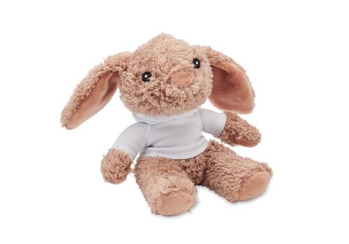 Bunny plush wearing a hoodie